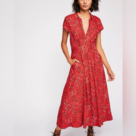 Free People Dresses & Skirts - Free People red floral 40s Printed Midi Dress size 6 femme fit